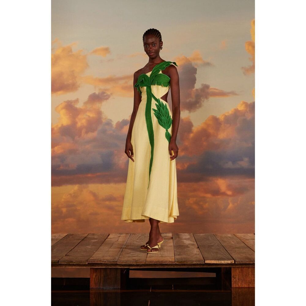 FARM Rio Palm Tree Cutwork Midi Dress Yellow XS NEW - Picture 6 of 10